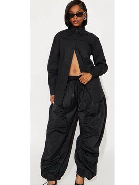 NWT Fashion Nova Boss Flow Balloon Pant Set Black Medium 2 Piece